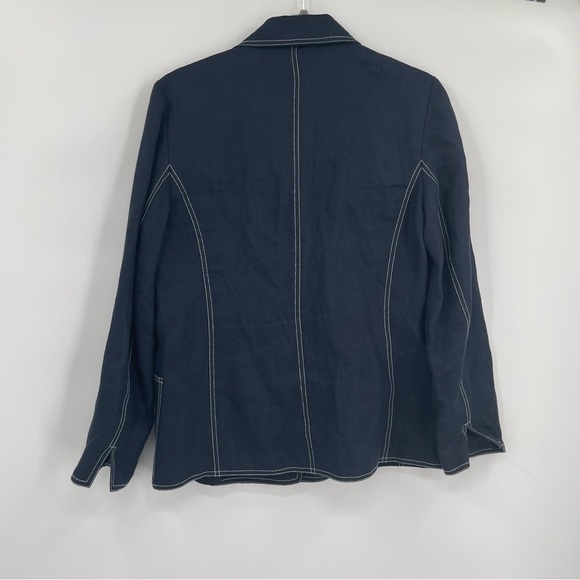 Talbots Jacket Womens Size 6 Navy Blue Linen Blazer Two Button White Stitch - Picture 6 of 7